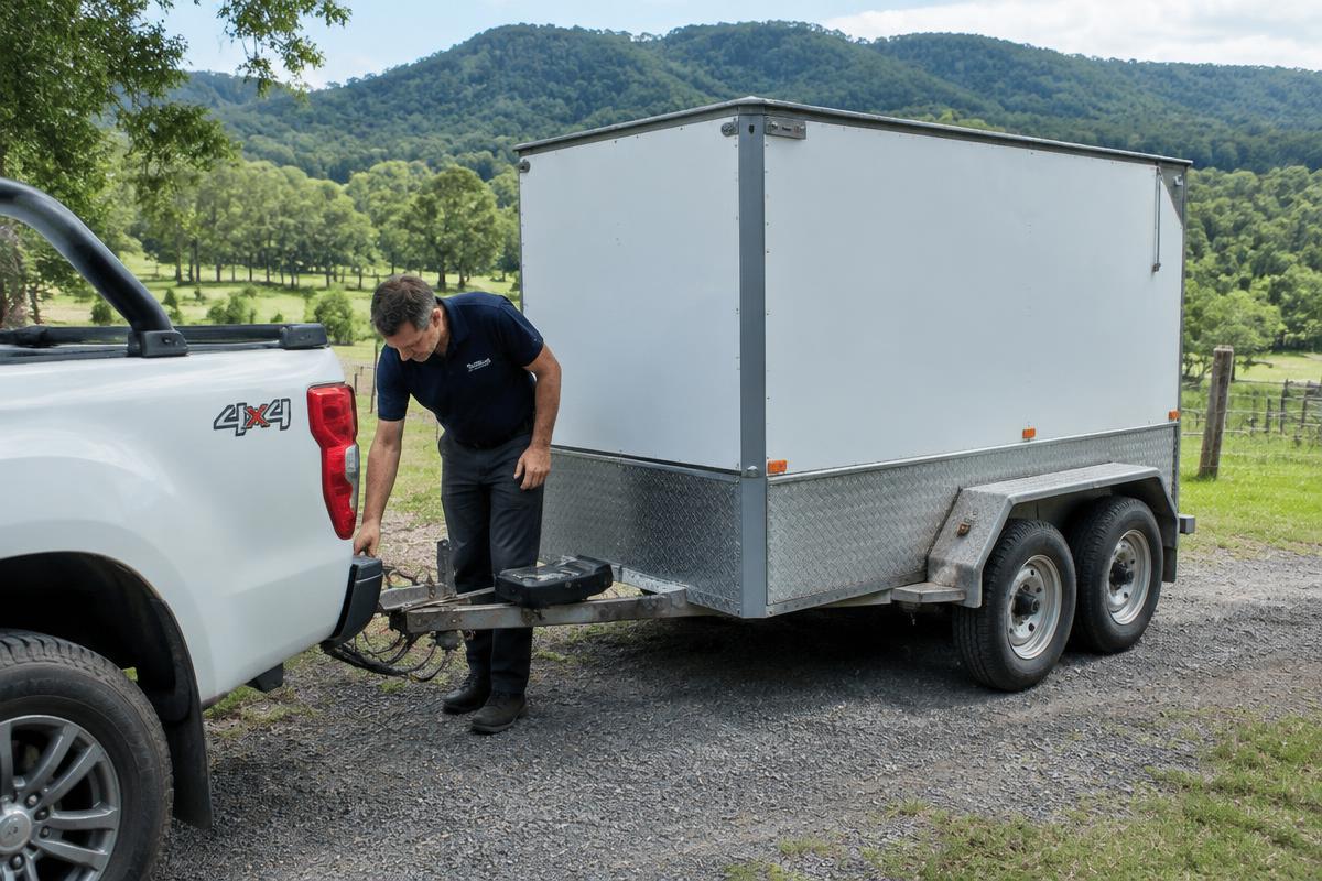 Inspector checking the coupling of a box trailer on a Samford acreage property